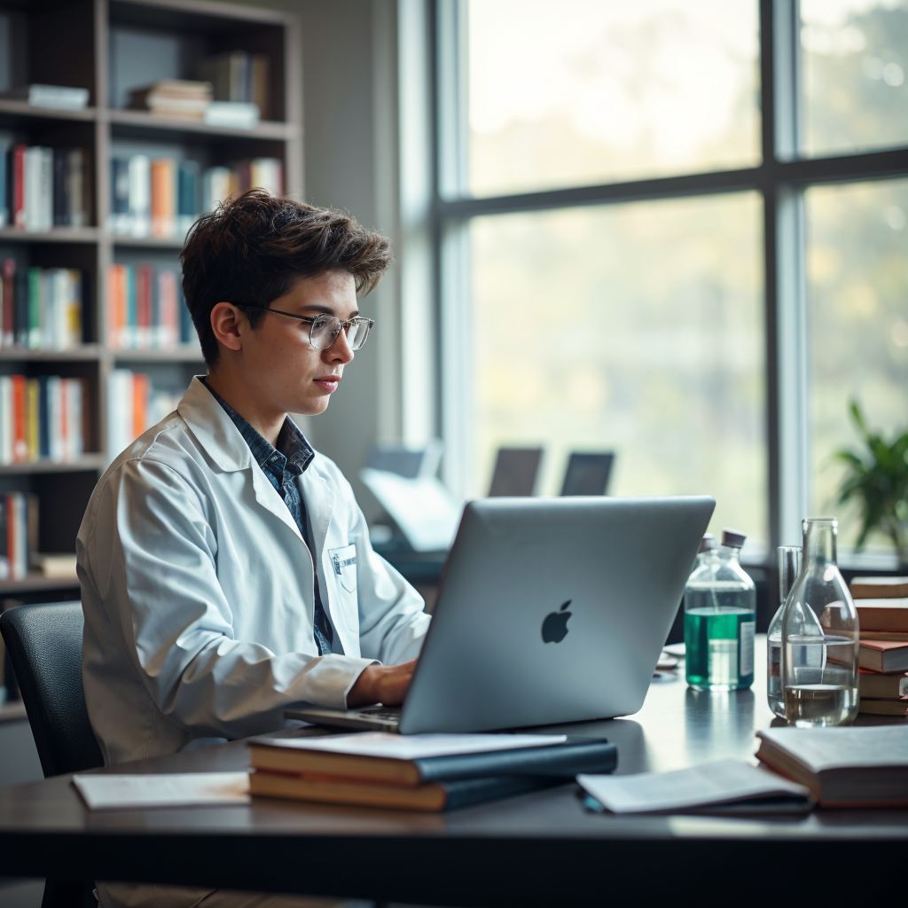 Graduate students in a library
